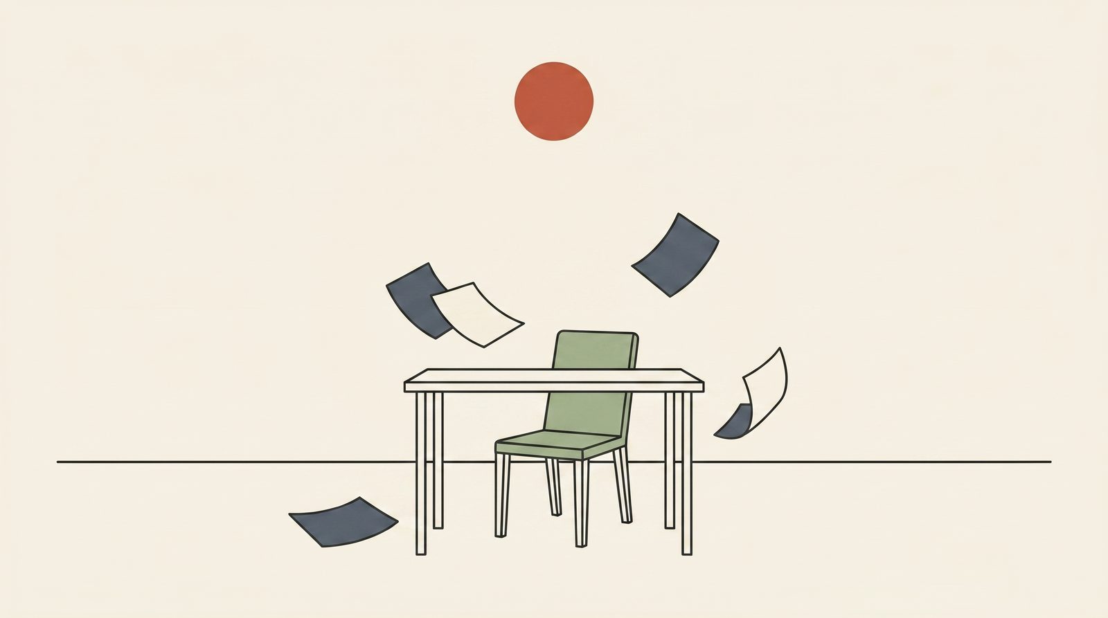 A steady desk and chair under the midday sun while papers fly