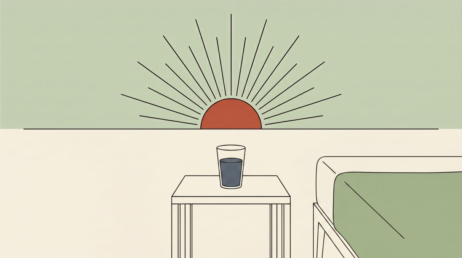 A clear morning: sunrise over the nightstand and a glass of water