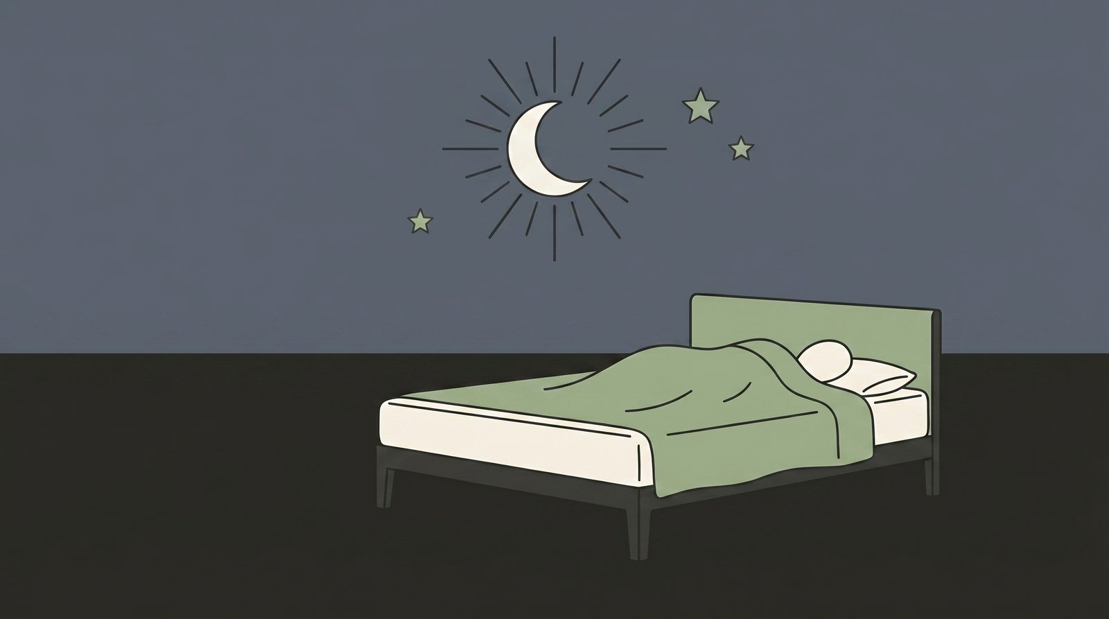 A bed at rest under a glowing crescent moon