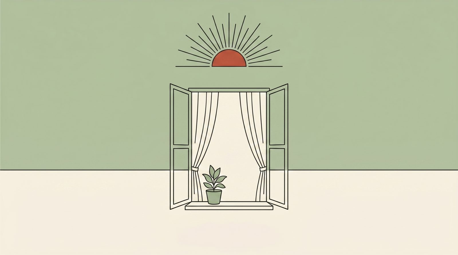 An open window with parted curtains and a plant on the sill