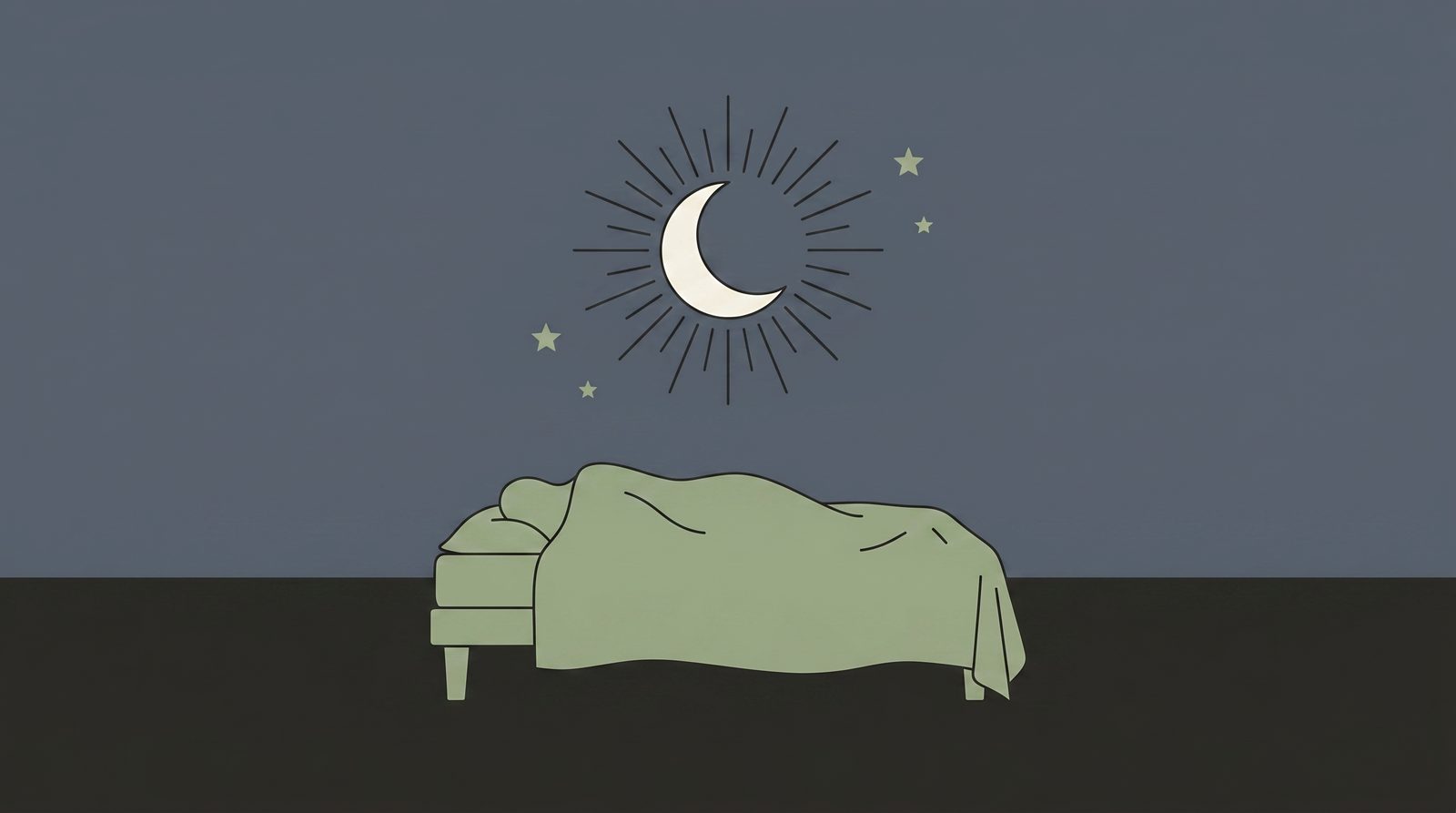 A bed at rest under a glowing crescent moon